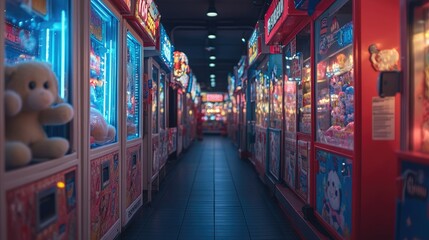Obraz premium A vibrant arcade corridor filled with claw machines and plush toys, inviting playful interaction.