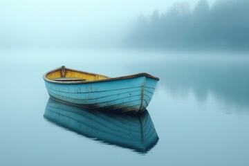 Naklejka premium Lonely blue boat on serene misty lake reflecting tranquility