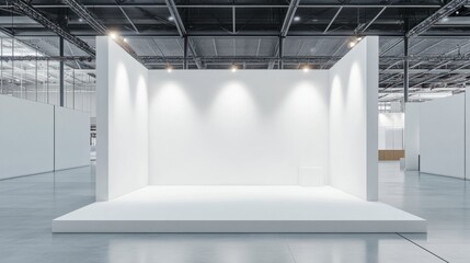 Bright white booth with blank panels, open floor, and overhead lighting for events
