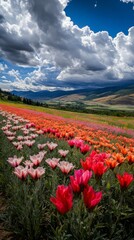 Obraz premium Colorful Field of Wildflowers Under Dramatic Skies