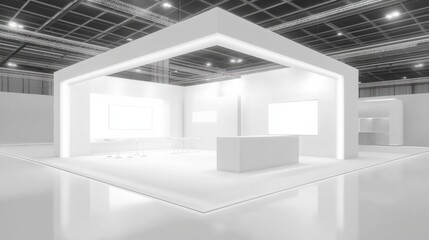 Bright white stand booth with open design and blank walls, ideal for customized displays