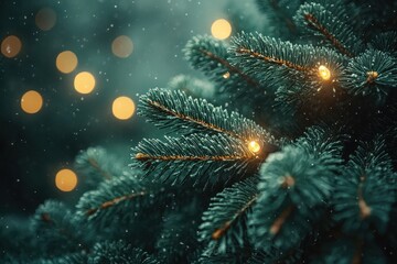 Fototapeta premium Close-up view of a Christmas tree adorned with glowing green pine lights