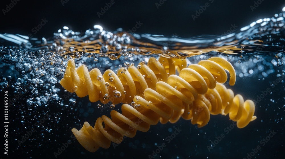 Poster pasta noodles swirl and float separately underwater creating mesmerizing visual dark background high