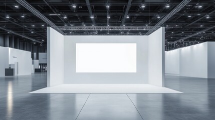 Clean, empty exhibition booth with white backdrop and open floor space for setup