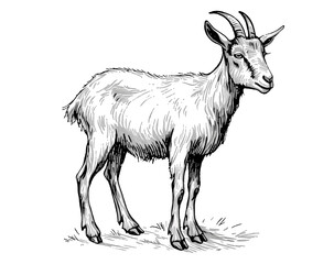 Goat. Vintage retro print, black white goat sketch ink pencil style drawing, engrave old school. Sketch artwork silhouette goat, white background. Side view profile. Illustration