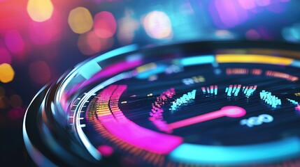 A Futuristic Digital Gauge: A Glowing Interface with a Red Needle Reaching a High Point.