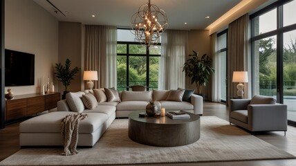 Fototapeta premium Here's a description and keywords for your stock photo.. Luxurious living room with sectional sofa, large windows, and modern decor.