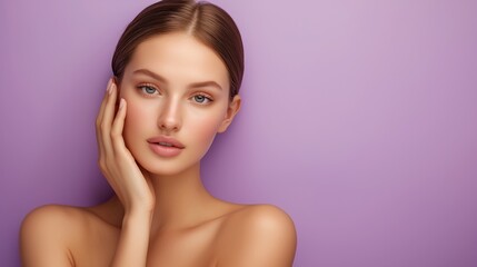 Beautiful woman with flawless complexion and skin, portrait isolated on pastel purple background. This image represents beauty concept for cosmetics advertising.