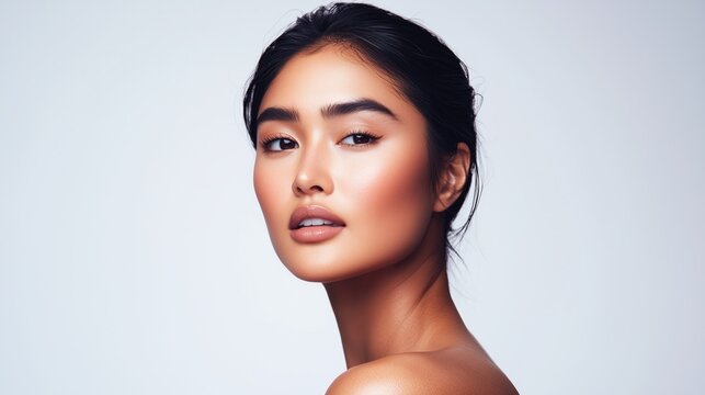 Beautiful asian woman with flawless complexion and skin, portrait isolated on gray background. This image represents beauty concept for cosmetics advertising.