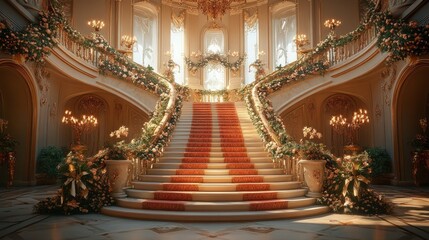 Obraz premium Grand staircase in a luxurious palace decorated for Christmas.