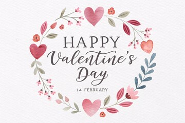 Happy Valentine's Day: Watercolor Heart Wreath on White Canvas