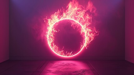 Obraz premium Fiery pink circle of light illuminates a dark room. Abstract art.