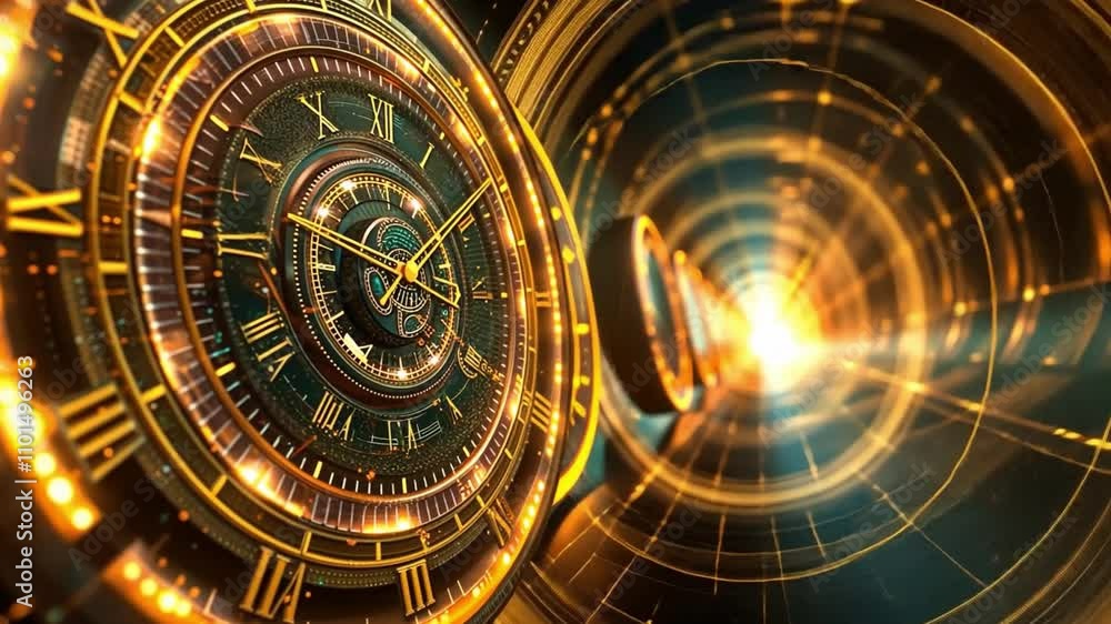 Poster a mesmerizing clock with detailed golden mechanics showcases the passage of time. glowing light spir