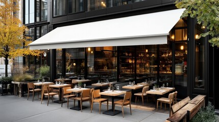 Modern outdoor restaurant seating with wooden tables and chairs under a white awning, adjacent to a building with large glass windows during daytime.