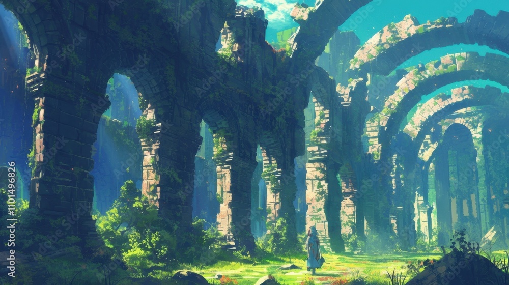 Poster a labyrinthine garden of stone pillars creating an otherworldly forest where the trees are made of s
