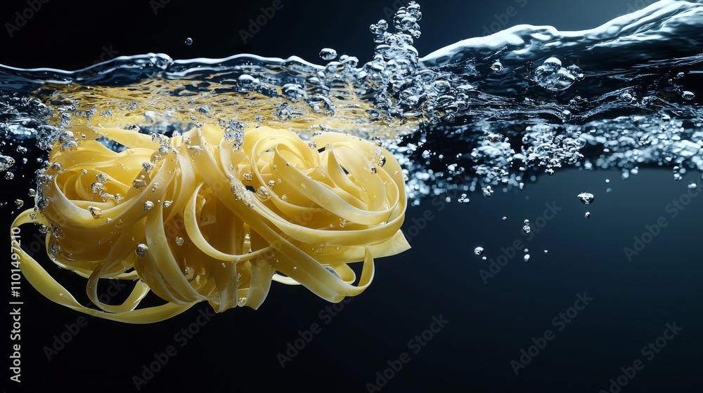 Poster pasta noodles gracefully float clear water strand separated others. dark background highlights their