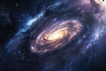 Obraz premium Colorful spiral galaxy with glowing center and dust in deep space.