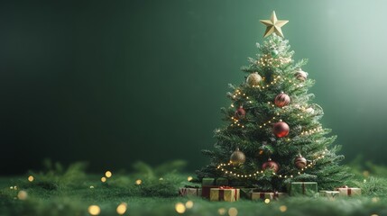 Illuminated Christmas tree with presents on green background.