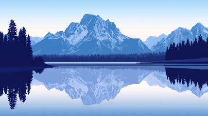 Reflection of majestic mountains in a tranquil lake at sunrise near a forest