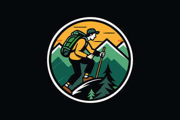 Fototapeta premium Hiking Adventure Badge with Backpacker, Mountain, Pine Trees, and Sunset, vector illustration