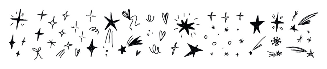 Hand drawn sparkles icon set doodle vector elements. Decorative doodle shining starburst, twinkle, star burst. Childish naive art style for your design.