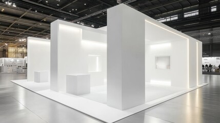 Empty white exhibition booth with simple design, open space, and blank walls