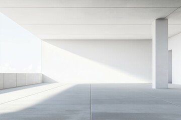 Fototapeta premium Empty modern architecture building interior. Minimalist design with white walls, concrete floor. Sunlight casts shadows. Spacious room offers wide open space. Suitable for product presentations,