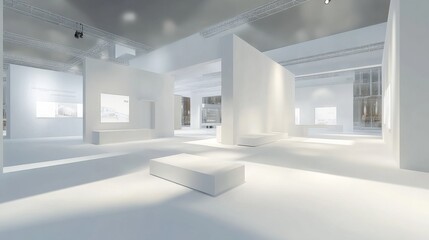 Empty white exhibition booth with simple design, open space, and blank walls