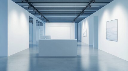 Empty exhibition stand with white walls and counter, perfect for showcasing corporate visuals