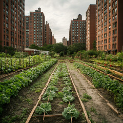 Fototapeta premium Urban gardening initiative grows fresh produce amidst skyscrapers cityscape photography community environment perspective on sustainability