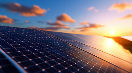 Solar panels reflecting sunlight at sunset, showcasing renewable energy