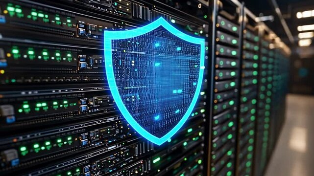 Glowing shield icon protecting data in a secure server room environment