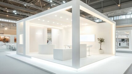 Minimal white booth with clean backdrop, open floor space, perfect for corporate exhibits