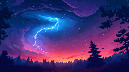 Fototapeta premium Dramatic stormy sky with vibrant colors and lightning striking at twilight