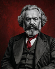 Karl Marx - Portrait frontal - Fotorealistische Illustration in schwarz-weiß und rot