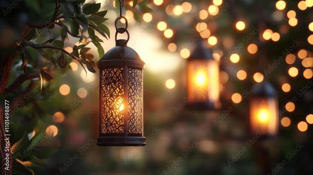 Poster ornate lanterns illuminated at dusk hanging from tree branches with bokeh lights.