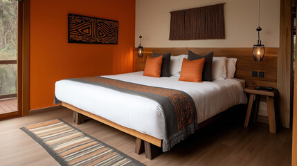 Modern bedroom interior with a large bed, white and orange bedding, wooden elements, ambient lighting, and decorative wall art, creating a contemporary and warm atmosphere.