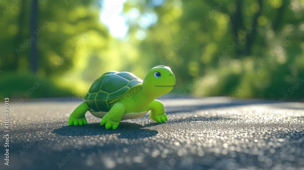 Poster a bright 3d-rendered turtle stands on a sunlit forest road, surrounded by greenery. the turtle's cur