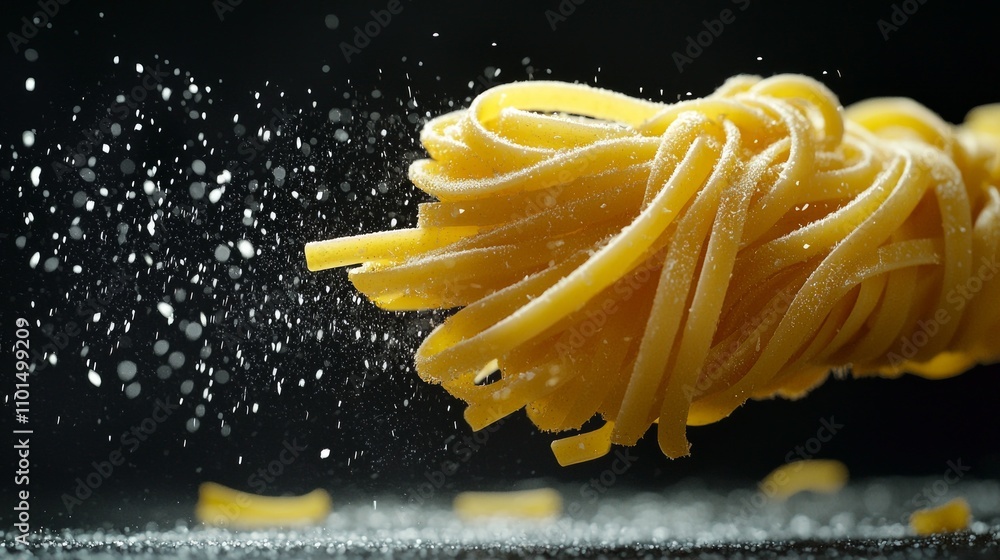 Poster floating pasta noodles are displayed distinctively dark background emphasizing their texture shape a