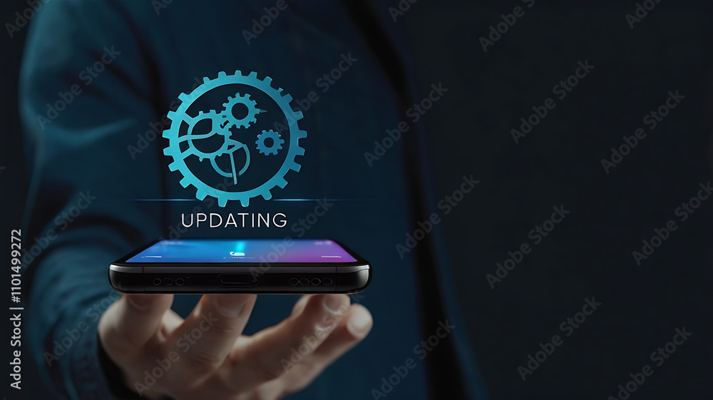 Poster smartphone system update in progress with futuristic visuals, system update progress, digital progre