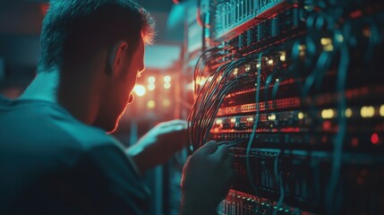Technician Working On Server Network Connections