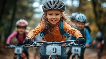 Naklejka premium A young girl joyfully riding her bike in a forest during a cycling event with other children.