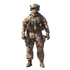 Obraz premium A soldier in a camouflage uniform is standing on a white background