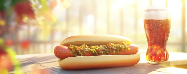 A hot dog with toppings next to a glass of soda in a bright, outdoor setting.