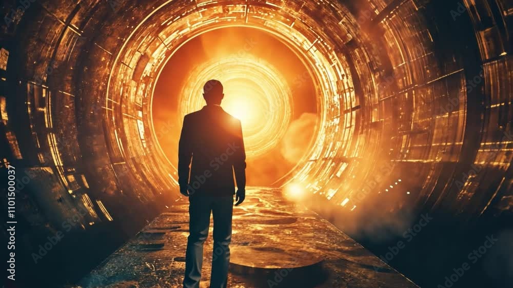 Poster a person in a dark suit stands at the entrance of a glowing tunnel filled with vibrant flames and my
