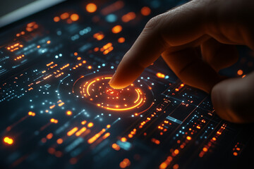 Detailed shot with 50mm lens of a fingertip interacting with a sleek digital health monitor, showing glowing biometric readings and smooth transitions of data displays