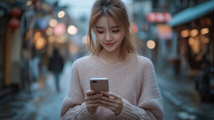 A young woman in a cozy sweater looks at her phone in a softly lit urban street.