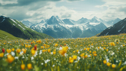 Fototapeta premium Vibrant wildflower field with majestic mountains under a cloudy sky during springtime