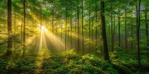 Fototapeta premium Ethereal Morning Light Shining Through Lush Green Forest Trees, Creating a Serene Atmosphere and Inviting Nature Experience in a Peaceful Woodland Setting