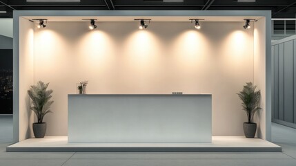 Simple white stand booth with blank backdrop and lighting, perfect for a trade show setup